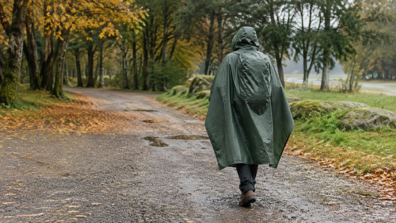 Person i grønn regnponcho går på en våt grussti i en høstlig park