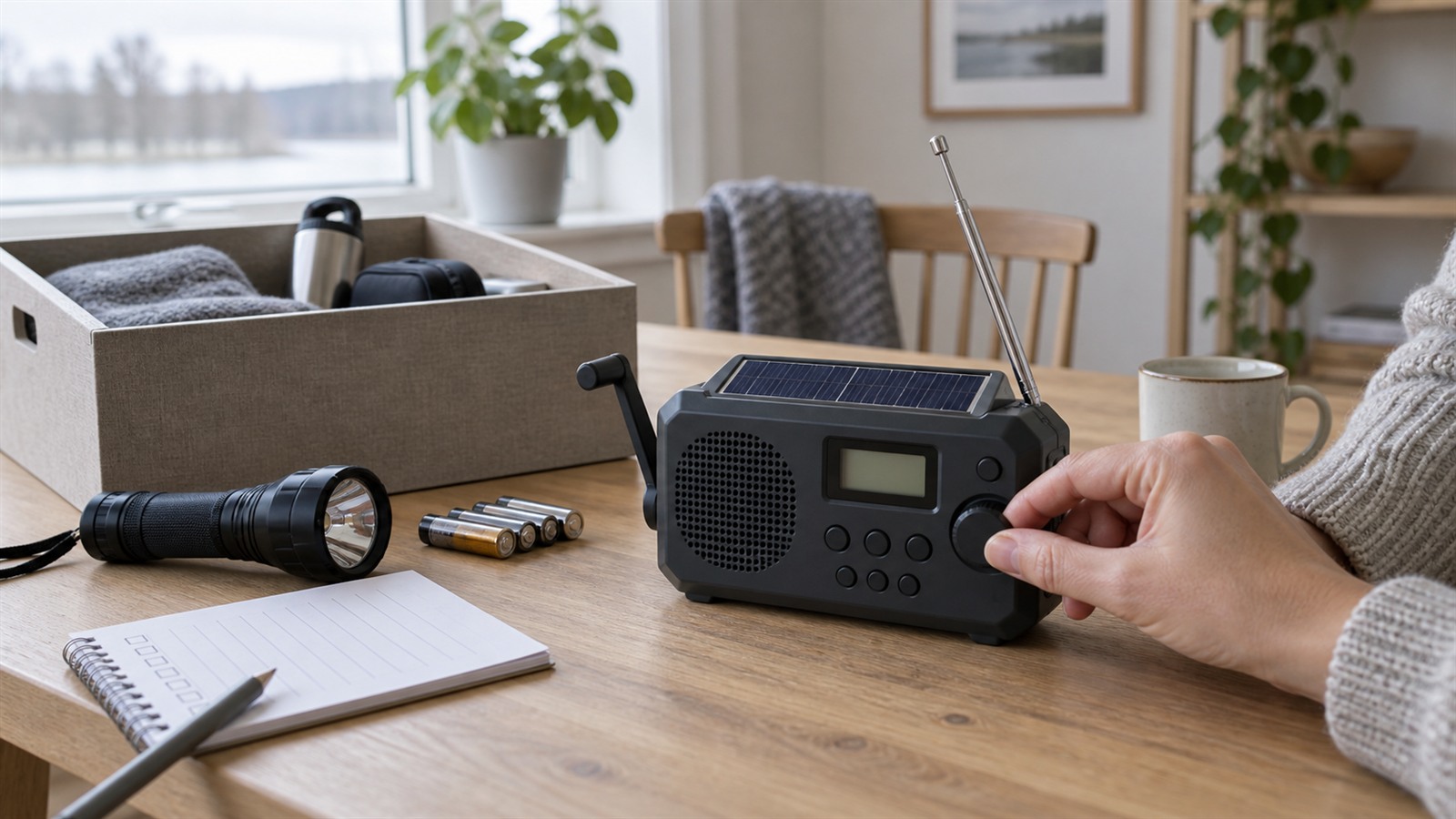 Hånd tester en nøytral nødradio ved siden av lommelykt, batterier og beredskapskasse