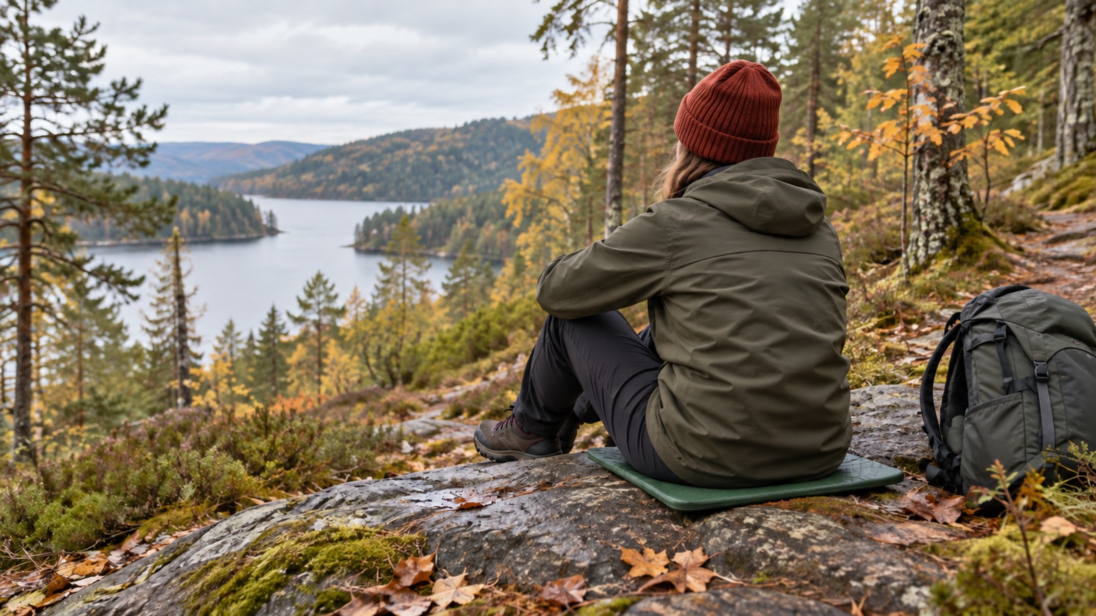 Turgåer sitter på et grønt sitteunderlag på en fuktig stein i høstskogen