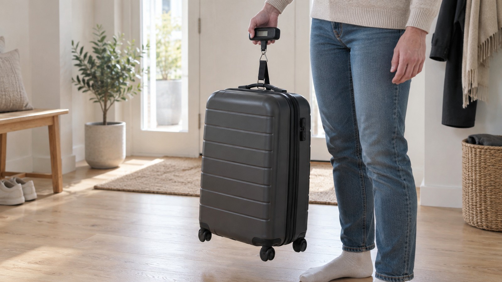 Person veier en nøytral koffert med digital bagasjevekt hjemme