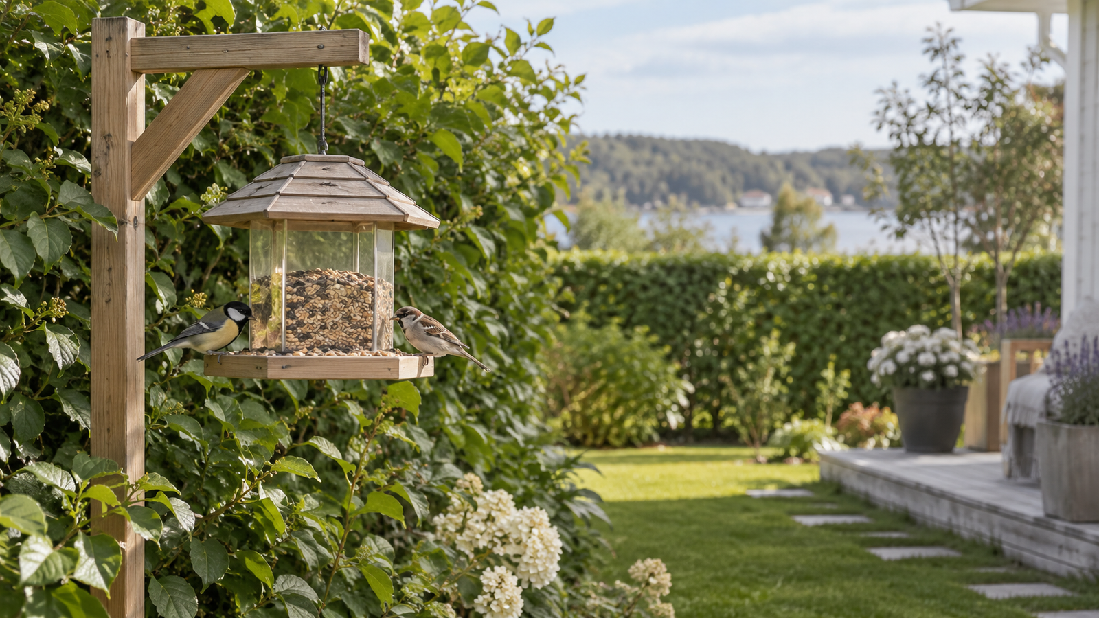 Fuglehus med inngangshull på et rolig sted i hagen