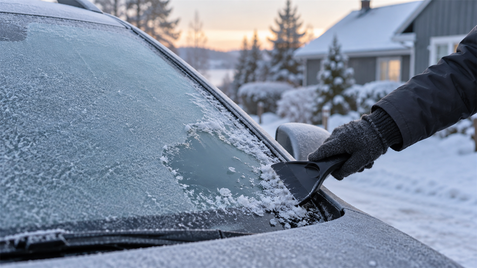 Hånd med vinterhanske skraper frost fra frontruten på en nøytral bil