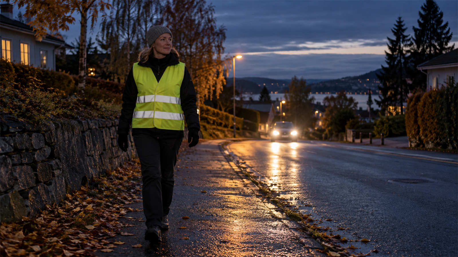 Fotgjenger med refleksvest på vått fortau i høstmørket
